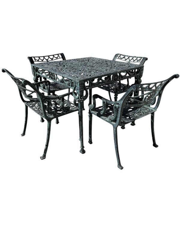 Photo 1 of 5 PCS- HEAVY ANTIQUE GREEN CAST IRON PATIO SET (TABLE 34” x 34” H28”, 4-ARM CHAIRS