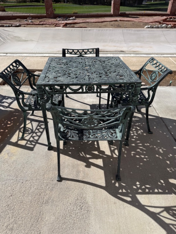 Photo 3 of 5 PCS- HEAVY ANTIQUE GREEN CAST IRON PATIO SET (TABLE 34” x 34” H28”, 4-ARM CHAIRS