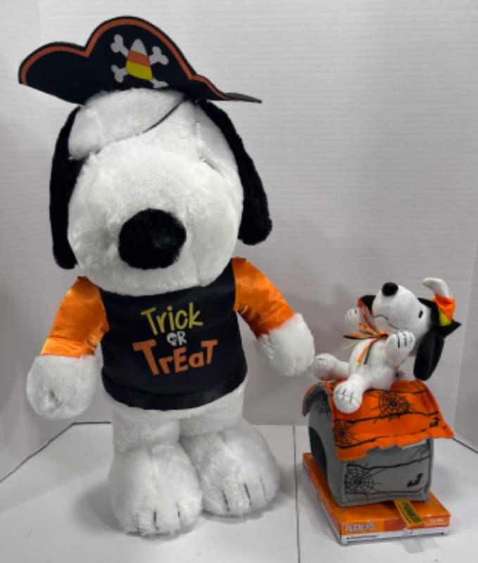 Photo 1 of PEANUTS PIRATE TRICK OR TREAT SNOOPY STANDING PLUSH H24” & ANIMATED SNOOPY ON DOGHOUSE MSRP $75