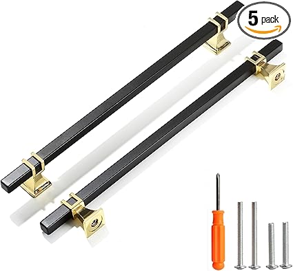 Photo 1 of Cabinet Pulls Matte Black and Gold Cabinet Handles, 5 Pack 10 Inch Kitchen Door Cupboard Wardrobe Drawer Handles, Cabinet Hardware Bar Drawer Pulls, 256mm Hole Centers