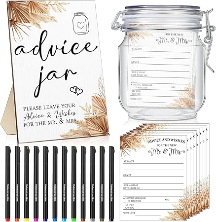 Photo 1 of 114 Pieces Boho Theme Bridal Shower Decoration Include Advice and Wishes for the Mr and Mrs Wedding Advice Sign with Holder 100 Advice and Wishes Cards 12 Pens PET Wedding Wish Jar for Guests