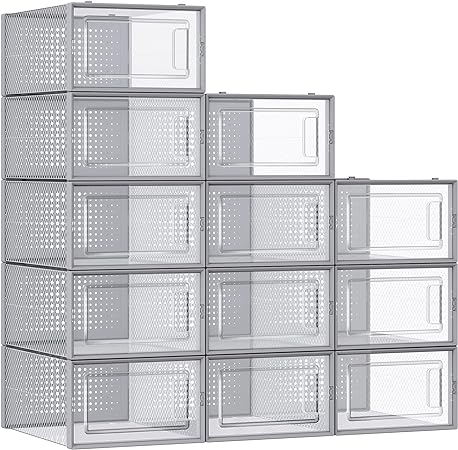 Photo 1 of  Shoe Boxes, Pack of 12 Shoe Storage Organizers, Stackable Clear Plastic Boxes for Closet, Sneakers, 9.1 x 13.1 x 5.6 Inches, Fit up to US Size 11, Transparent and Gray ULSP006G12