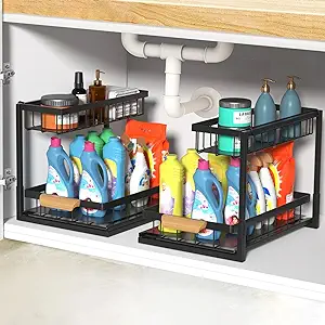 Photo 1 of 2 Pack Under Sink Organizer,Metal Pull Out Kitchen Cabinet Organizer with Sliding Drawer,Sturdy Multi-Functional for Bathroom Organization,Black
