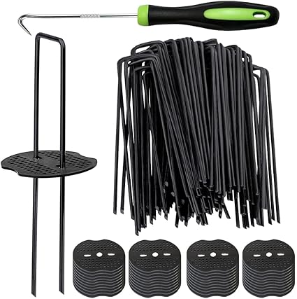 Photo 1 of 100pcs Black Landscape Staples + 100pcs Buffer Washer, 6 Inch 11 Gauge Garden Stakes Staples, U Shaped Galvanized Lawn Pins Heavy Duty Yard Ground Pin for Weed Barrier Sod Fabric Decorations