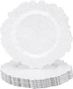 Photo 1 of  MAONAME 13" White Charger Plates, Round Reef Chargers for Dinner Plates, Plastic Plate Chargers for Table Setting, Wedding Decor, Set of 12