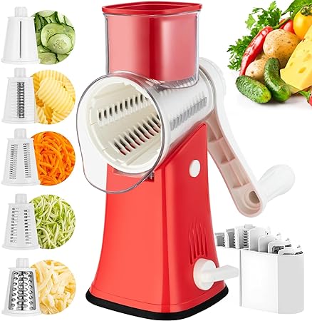 Photo 1 of 5 in 1 Cheese Grater, Cheese Grater Hand Crank,Rotary Cheese Grater, Replaceable Stainless Blades Cheese Shredder, Mandoline Slicer, Easy to Clean Rotary Grater with Storage Box