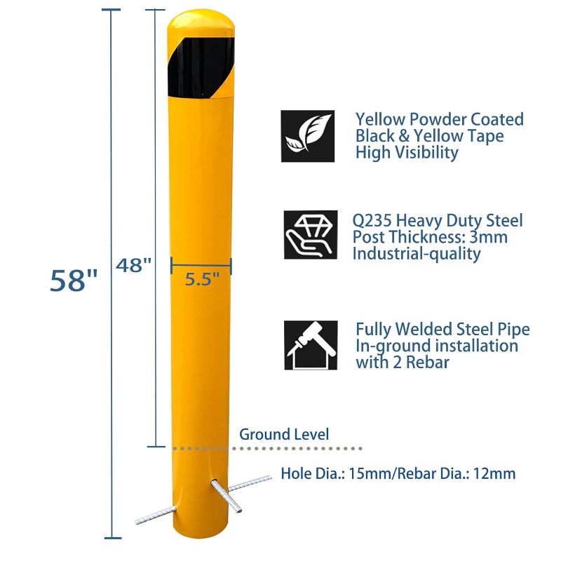 Photo 3 of (READ FULL POST) 58" H Steel Bollard Post Underground Installation, 5-1/2" OD Safety Bollard Yellow Powder Coat, Metal Bollard Parking, Driveway Barrier