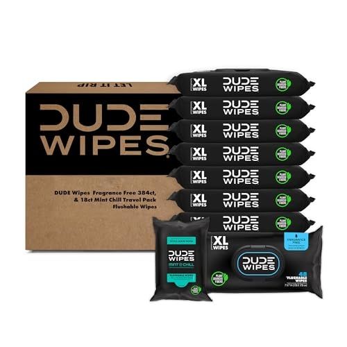 Photo 1 of 
DUDE Wipes - Flushable Wipes - Unscented 8 Pack + Mint Travel Pack, 402 Wipes - Extra Large Dispenser Wet Wipes with Vitamin E & Aloe for Men - Septic
