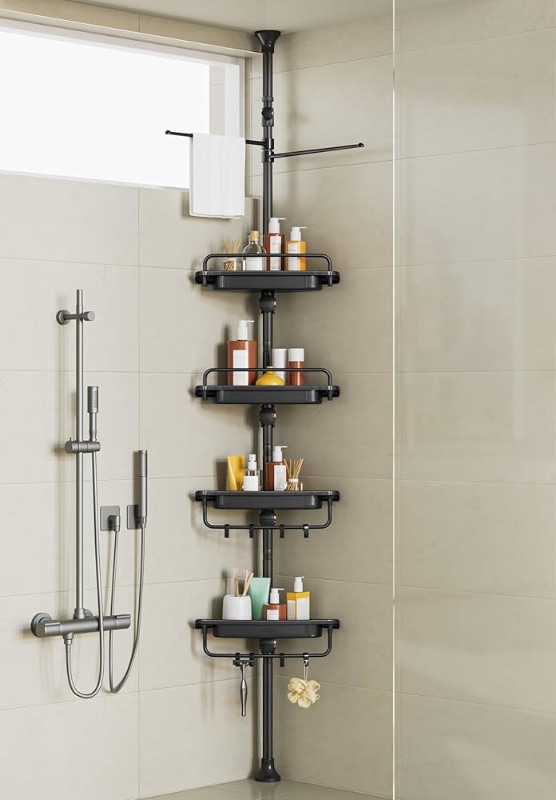 Photo 1 of -122inch Corner Shower Caddy Tension Pole Black, Rustproof Drill-Free Shower Shelves for Bathroom Bathtub Washbasin, Adjustable Shower Organizer with 4 Tier Patent Stable Shelves & Towel Bars