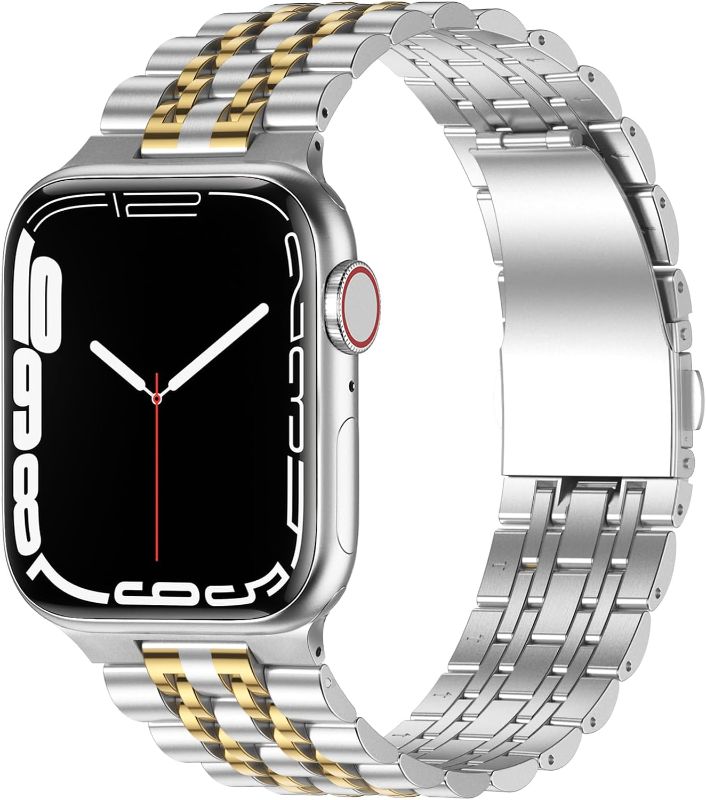 Photo 1 of (READ FULL POST) Anlinser Metal Bands Compatible with Apple Watch Band 45mm 44mm 42mm for Women Men, Stainless Steel Replacement Strap Compatible with iWatch Series 8 7 6 5 4 3 2 1, SE (Silver Gold)
