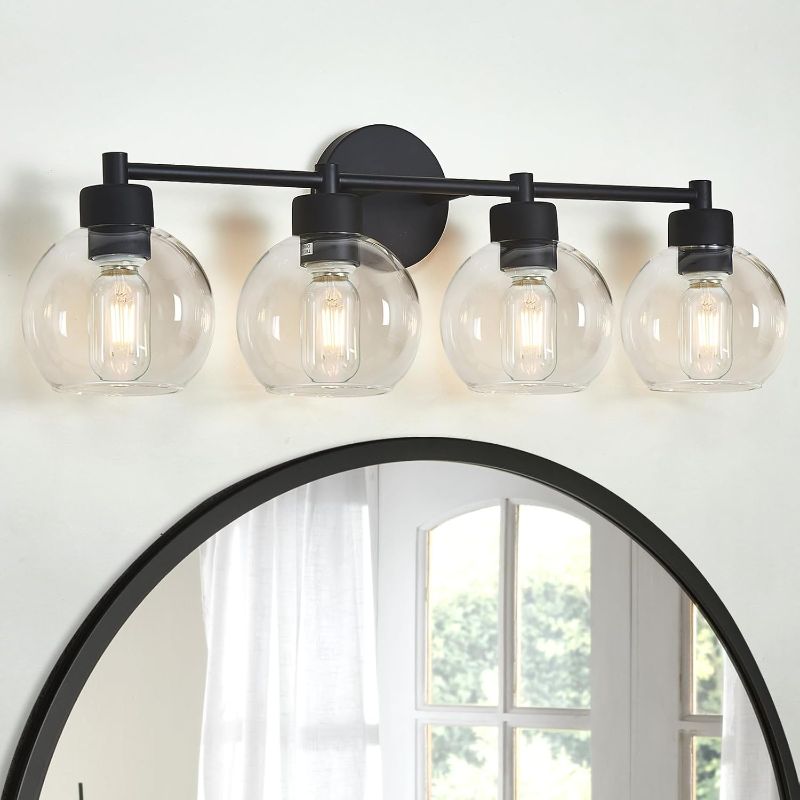 Photo 1 of **NOT EXACT SAME AS STOCK PHOTO // SIMILAR** Bathroom Light Fixtures, Matte Black Vanity Light 4 Light, Bathroom Lights Over Mirror with Globe Glass Shade and Metal Base, Vanity Lights for Bathroom, Stairs, Kitchen