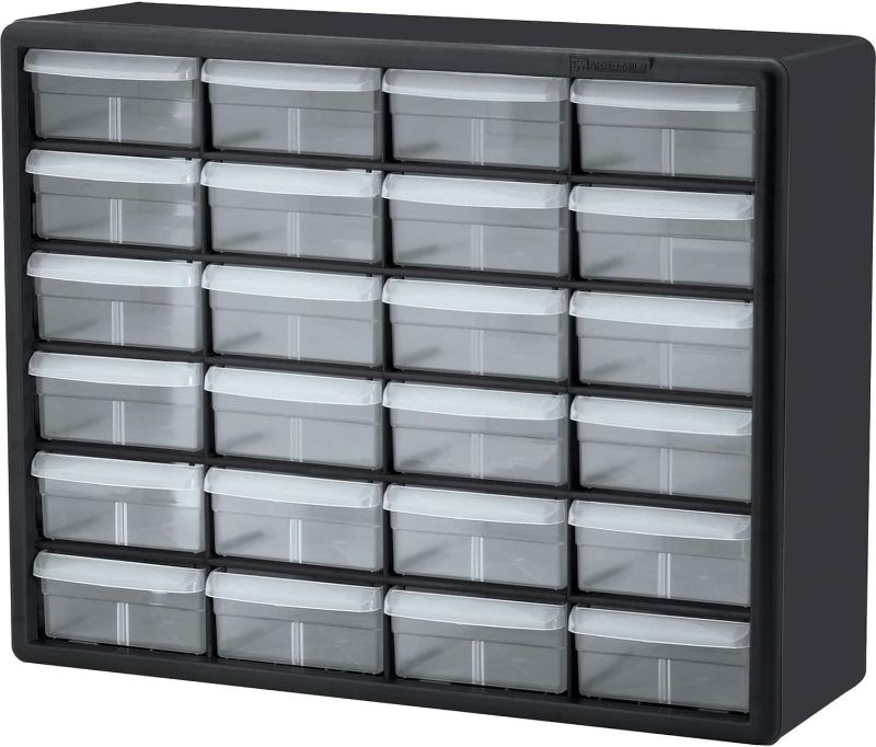 Photo 1 of Akro-Mils 10124 24-Drawer Plastic Drawer Storage Cabinet for Garage Organization, Lego Storage, Teacher Toolbox, Makeup Organizer, and More, 20-Inch W x 6-Inch D x 16-Inch H, Black
