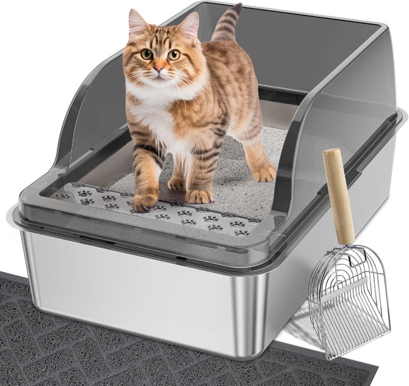 Photo 1 of UPSKY Stainless Steel Cat Litter Box with Lid, XL Extra Large Metal Litter Box for Big Cats, Enclosed Steel Kitty Litter Box with High Sided, Anti-Leakage, Non-Sticky, Easy to Clean, Include Scoop
