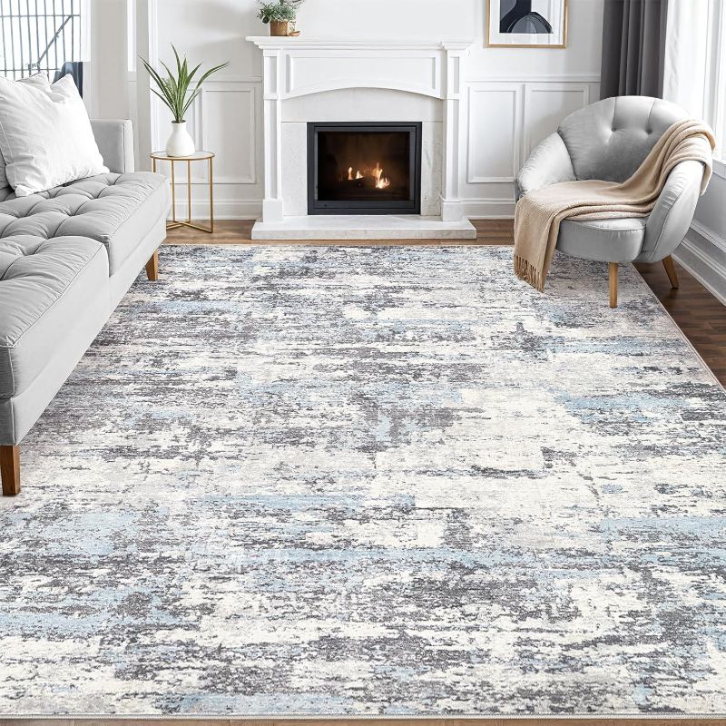 Photo 1 of Area Rug Living Room Rugs 9x12: Modern Neutral Abstract Aesthetic Rug for Bedroom Dining Room Table - Large Soft Stain Resistant Machine Washable Rug, Indoor Home Office Carpet - Blue Grey
