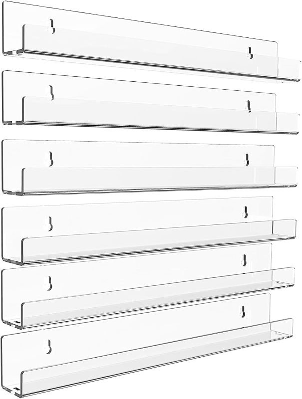 Photo 1 of 12" Nursery Book Shelves for Wall, 6Pack Clear Acrylic Bookshelf for Kids Baby, Floating Shelves for Wall Decor, Vinyl Display, Picture Ledge Shelf, Record Holder, Nail Polish Rack
