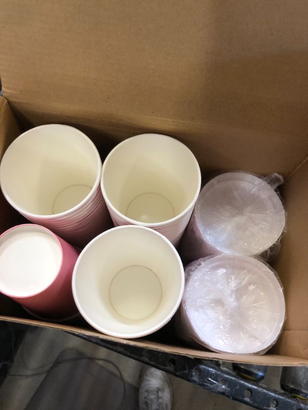 Photo 1 of 100 Pcs Disposable Coffee Cups with Lids Paper Coffee Cups Drinking Cups Bulk for Home Restaurant Beverage Wedding Travel Business Party Supplies(Pink,12 oz)