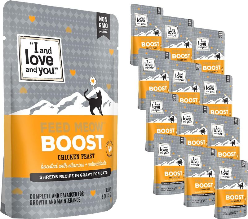 Photo 1 of "I and love and you" Feed Meow Boost Wet Cat Food - Chicken - Antioxidants & Vitamins for Vitality, Grain Free, Shredded, 3oz Pack of 12, Best By July 26 2024
