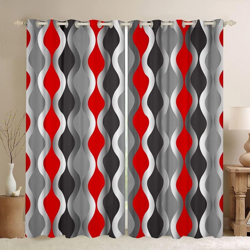 Photo 1 of Red Black Grey Curtains Retro Geometric Window Curtains for Bedroom Living Room Mid Century Modern Decor Window Drapes for Kids Boys Girls Teens Abstract Stripe Window Treatments,42x84 Inches,2 Panels
