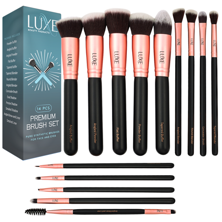 Photo 1 of Luxe Premium Makeup Brushes Set for Face and Eye - Synthetic Brushes for Foundation, Powder, Blush, Eyeshadow - Brush Cleaning Solution Included - Perfect Make Up Brushes Kit, Beauty Brush Set (14pc)