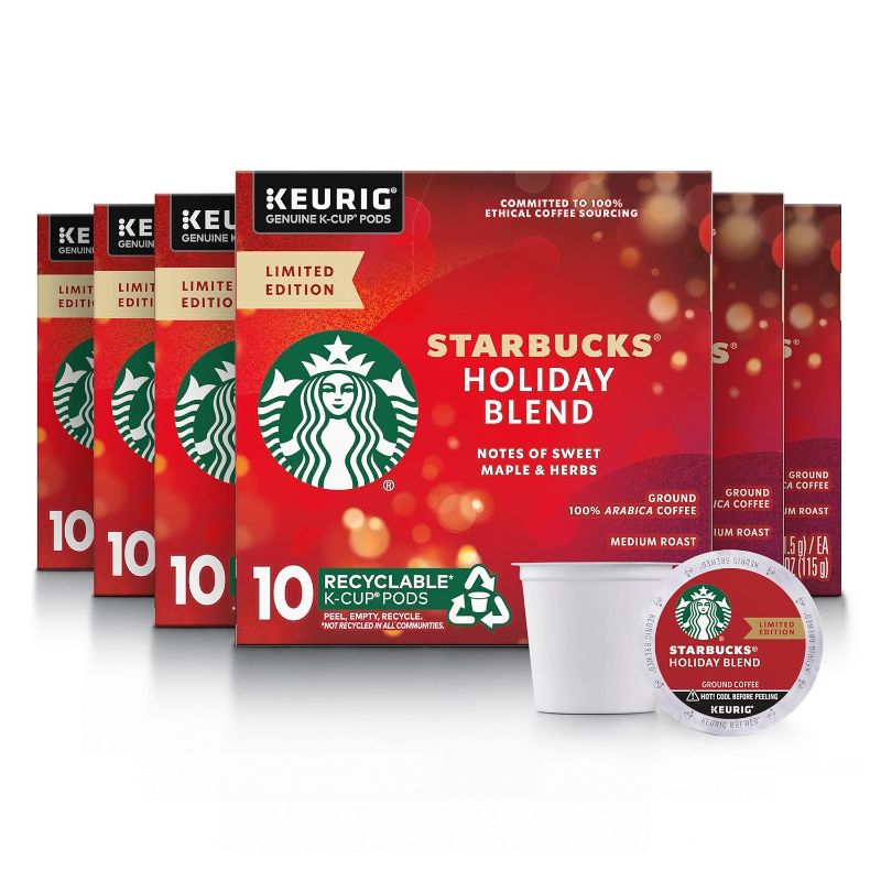 Photo 1 of Starbucks K-Cup Coffee Pods, Holiday Blend Medium Roast Coffee For Keurig Brewers, 100% Arabica, Limited Edition Holiday Coffee, 6 Boxes (60 Pods Total) (BB 13MAY24)
