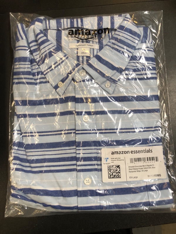 Photo 2 of Amazon Essentials Men's Regular-Fit Short-Sleeve Pocket Oxford Shirt XX-Large Blue Horizontal Stripe