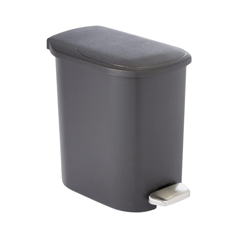 Photo 1 of Amazon Basics Compact Bathroom Plastic Rectangular Trash Can with Steel Pedal Step, Black, 6 Liters