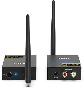 Photo 1 of 1Mii 2.4Ghz Wireless Audio Transmitter Receiver for TV, 320ft Long Range 20ms Low Delay 192kHz/24bit HiFi Audio, Wireless Adapter Kit for Subwoofer/Powered Speaker/Stereo/Soundbar, RCA(3.5mm)Out/input
