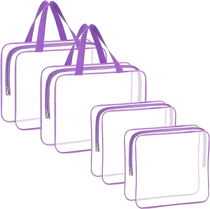 Photo 1 of 4 Pieces Clear Makeup Bags, Large Clear Makeup Cosmetic Toiletry Bag, Clear Plastic PVC Tote Bags with Zipper Handle Portable Travel Luggage Pouch Airport Airline Vacation Organization (PURPLE)