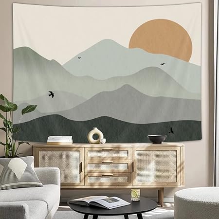 Photo 1 of Sage Green Mountain Tapestry Boho Abstract Sun Landscape Wall Hanging Art Mid Century Terracotta Sunset Tapestries Minimalist Aesthetic Decor for Bedroom Living Room College Dorm, 60 x 51 inch