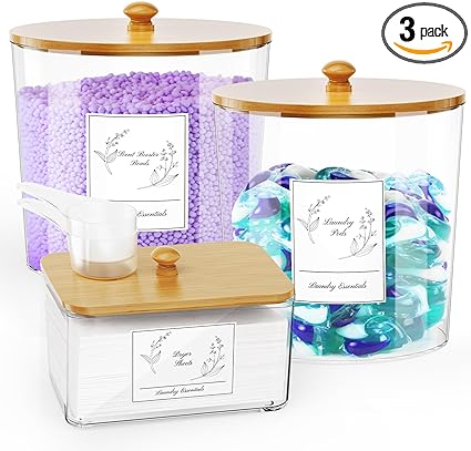 Photo 1 of 3 Pack Laundry Powder Container & Dryer Sheet Holder, Large Plastic Laundry Room Organization and Storage Jars with Lids, Labels & Scoops for Powder, Detergent, Scent Booster