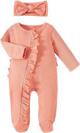 Photo 1 of Newborn Baby Girl ?nesies Girls Romper Solid Clothes Infant Boys Baby Headband 2PCS Ribbed (Orange,   0/3 M 
