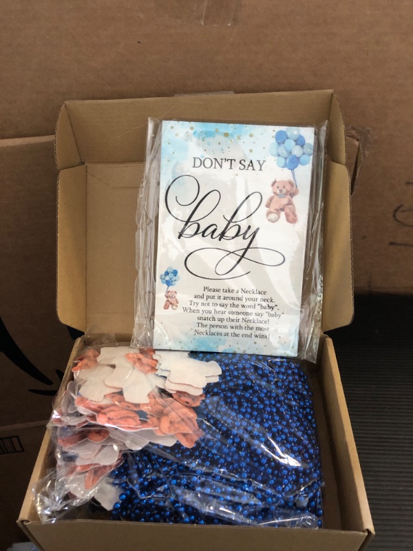 Photo 1 of Roowest 51 Don't Say Baby Shower Game Including Blue Bear Theme Baby Game Sign and 50 Bear Felt Necklaces Gifts for Gender Reveal Party Favors Baby Shower Prizes
