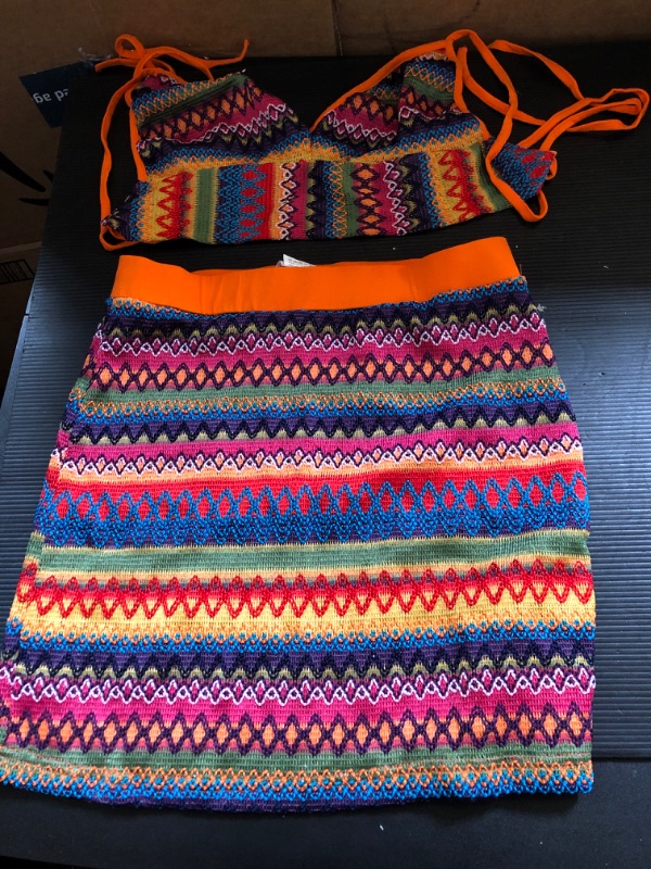 Photo 1 of Two piece colorful skirt set, mini skirt, cropped halter top.   MED 