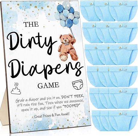 Photo 1 of 51 Pcs Dirty Diaper Baby Shower Games Boys Girls Funny Animal Greenery Baby Shower Sign with 50 Pcs Mini Diapers Cute Felt Diapers for Gender Neutral Party Baby Shower, No Fake Poo(Bear Blue)