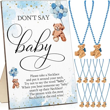 Photo 1 of Roowest 51 Don't Say Baby Shower Game Including Blue Bear Theme Baby Game Sign and 50 Bear Felt Necklaces Gifts for Gender Reveal Party Favors Baby Shower Prizes