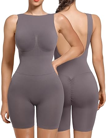 Photo 1 of SHAPERX Mid Thigh Jumpsuits for Women Low Back Onesie Seamless Rompers Stretchy Bodycon Outfits