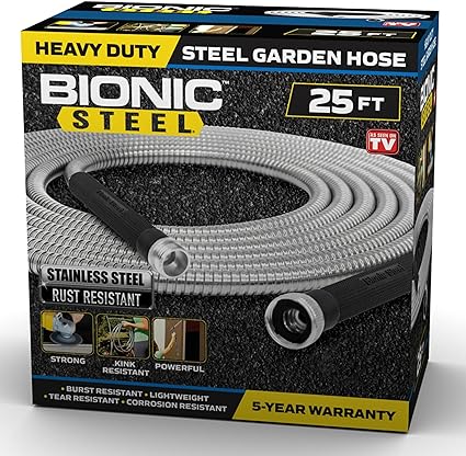 Photo 1 of Bionic Steel 25 FT Garden Hose with Nozzle, 304 Stainless Steel Metal Water Hose 25Ft, Flexible Hose, Kink Free, Lightweight and Durable, Crush Resistant Fitting, Easy to Coil, 500 PSI - 2024 Model