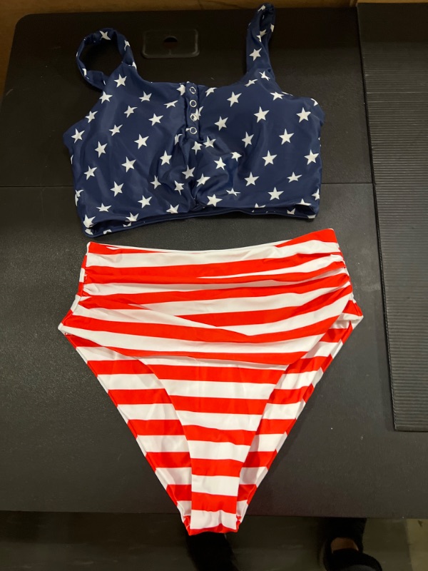 Photo 1 of  med   Women's Stars and Stripes Print Knot Front Hollow Out Swimsuit High Waist Bikini Set