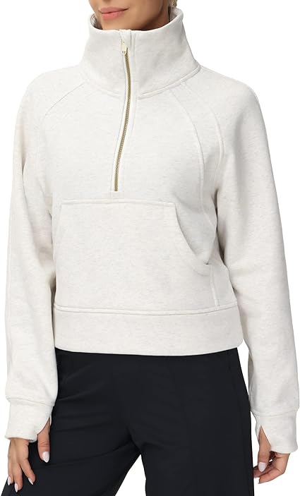 Photo 1 of MED WOMENSTHE GYM PEOPLE Womens' Half Zip Pullover Fleece Stand Collar Crop Sweatshirt with Pockets Thumb Hole