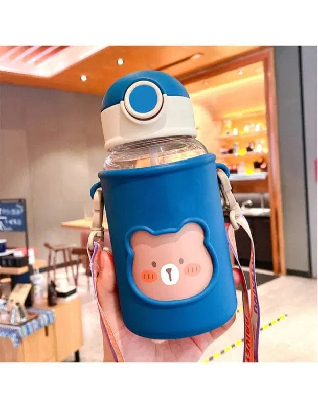 Photo 1 of Kawaii Bear Water Bottle, 21oz Cute Water Bottles with Shoulder Strap Detachable Silicone Protective Leakproof BPA Free Drinking Cup for Girls School Sports (Blue)