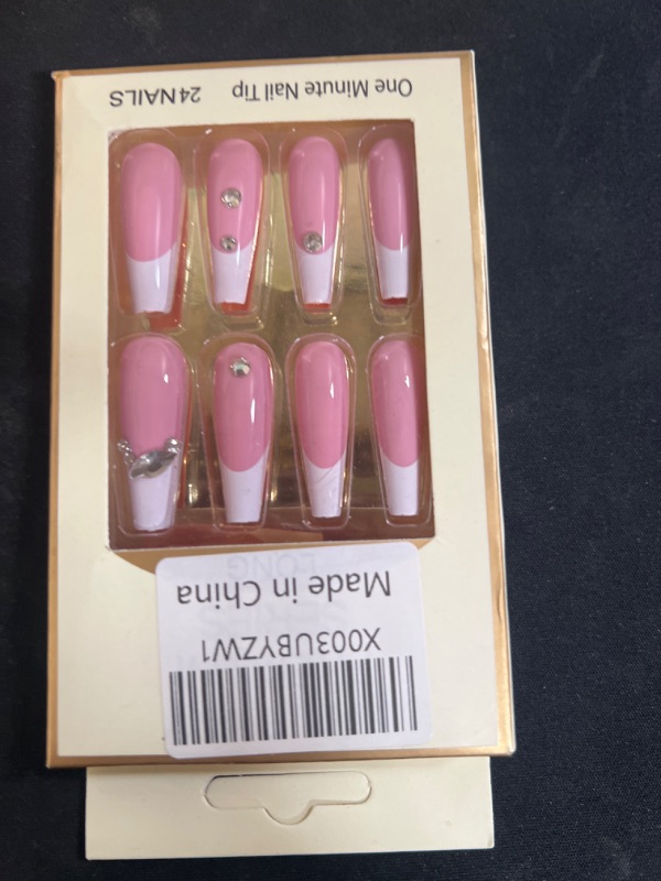 Photo 2 of 24 Pcs Press on Nails Long French Coffin Fake Nails Pink Glossy False Nails with Rhinestone Decorations Designs Acrylic Nails with Nail Glue on Nails for Women Nail Supplies C20-Long light pink