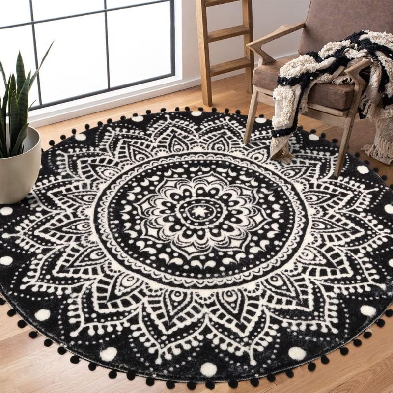Photo 1 of 
Uphome Boho Round Rug for Living Room 4' Circular Black Mandala Area Rug with Pom Poms Fringe Washable Cute Bohemian Accent Throw Rugs Non-Slip Soft...
