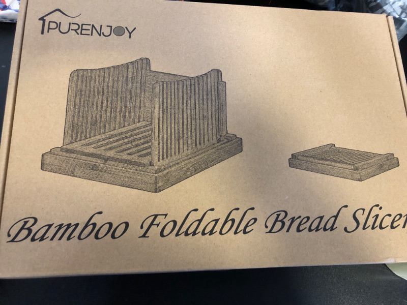 Photo 2 of Purenjoy Bamboo Wood Foldable Bread Slicer Compact Bread Slicing Guide with Crumb Catcher Tray for Homemade Bread Thickness Adjustable