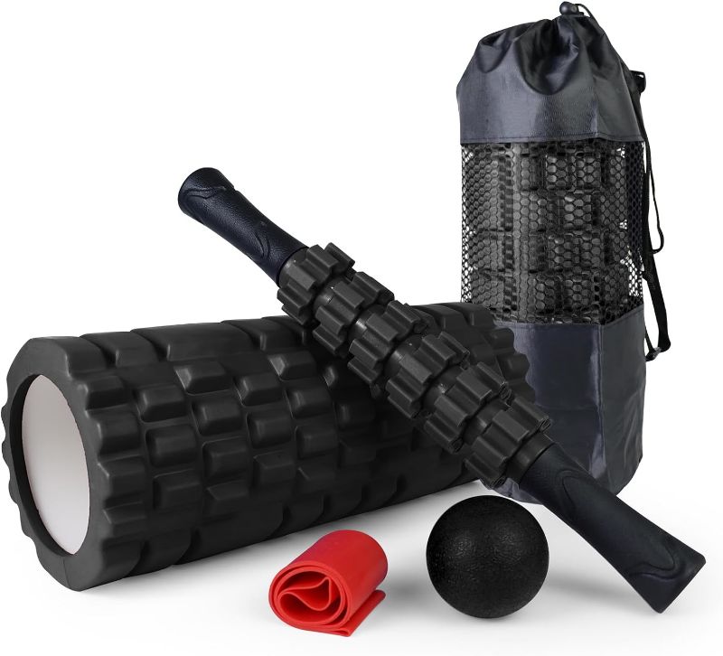 Photo 1 of 5 in1 Foam Roller Set, Trigger Point Foam Roller, Massage Roller Stick, Massage Ball, Resistance Band for Deep Muscle Massage Pilates Yoga,Fitness Exercise for Whole Body Release