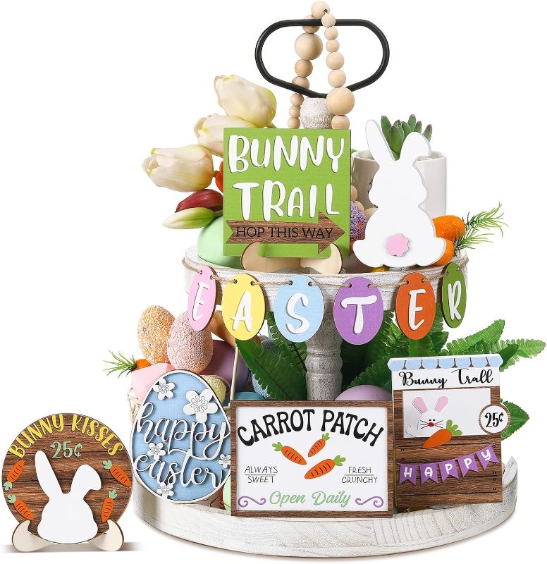 Photo 1 of  Easter Decor Wooden Bunny Trail Carrot Tiered Tray Signs Happy Easter Tiered Tray Items for Easter Day Home Farmhouse Rustic Kitchen Decorations (Carrot)