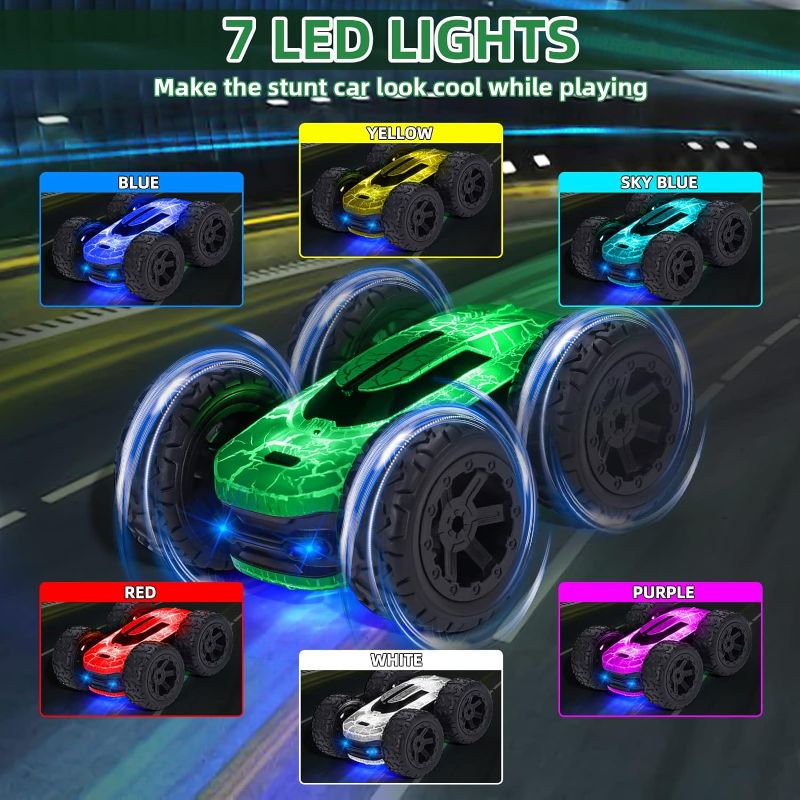 Photo 1 of Remote Control Car for Kids 8-12, 360°Rotating with 2 Batteries, Double-Sided RC Car Stunt Car Toy, 2.4Ghz Remote Control with LED Lights and Headlights