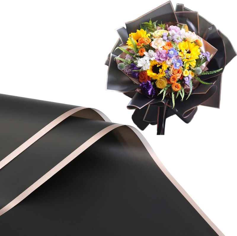 Photo 1 of Frosted paper Semi-transparent Gold wrapping paper Plastic waterproof wrapping paper Flower Packaging DIY handcraft Supplies Flower Packaging supplies 20 sheets size 22.4 x 22.4 inches (black)