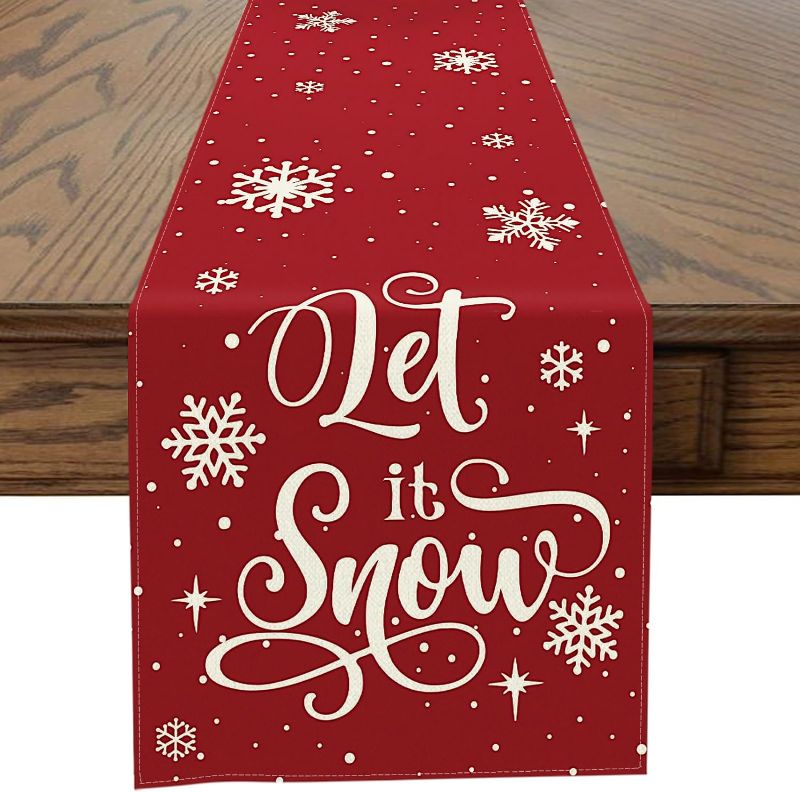 Photo 1 of Christmas Decor Table Runner for Kitchen Dining Table Thanksgiving Day Table Runner for Living Room Farmhouse Table Runners for Party Home Decor (Christmas Let it Snow) COLOR IS NOT RED-SEE PHOTO