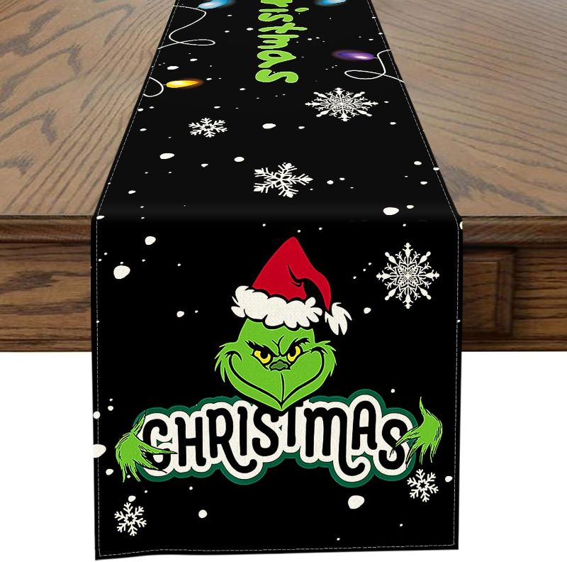 Photo 1 of Christmas Decor Table Runner for Kitchen Dining Table Thanksgiving Day Table Runner for Living Room Farmhouse Table Runners for Party Home Decor (Christmas Grinch)