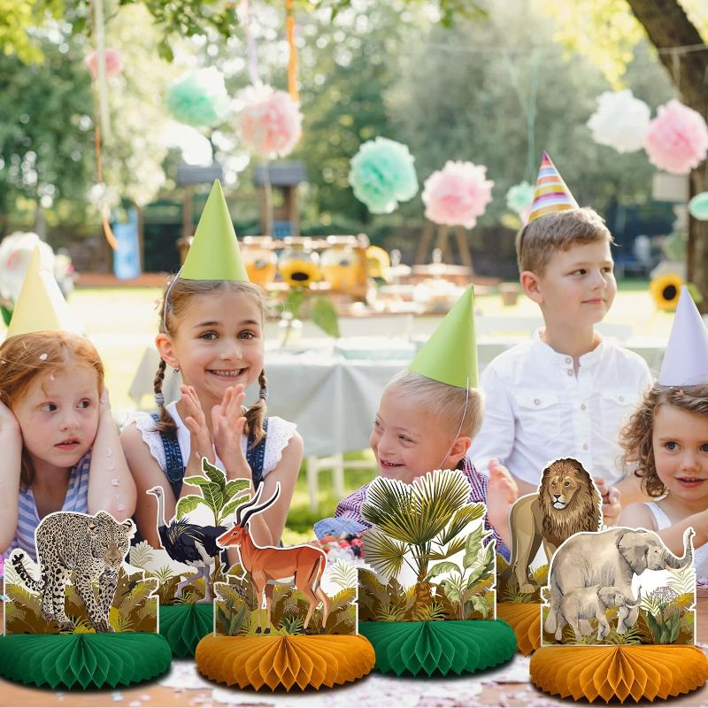 Photo 1 of Shappy 9 Pcs African Safari Centerpieces for Tables Baby Shower Decorations Jungle Animals Honeycomb Centerpieces Safari Animal Theme Birthday Decorations for Boys Kids Baby Shower Nursery Party